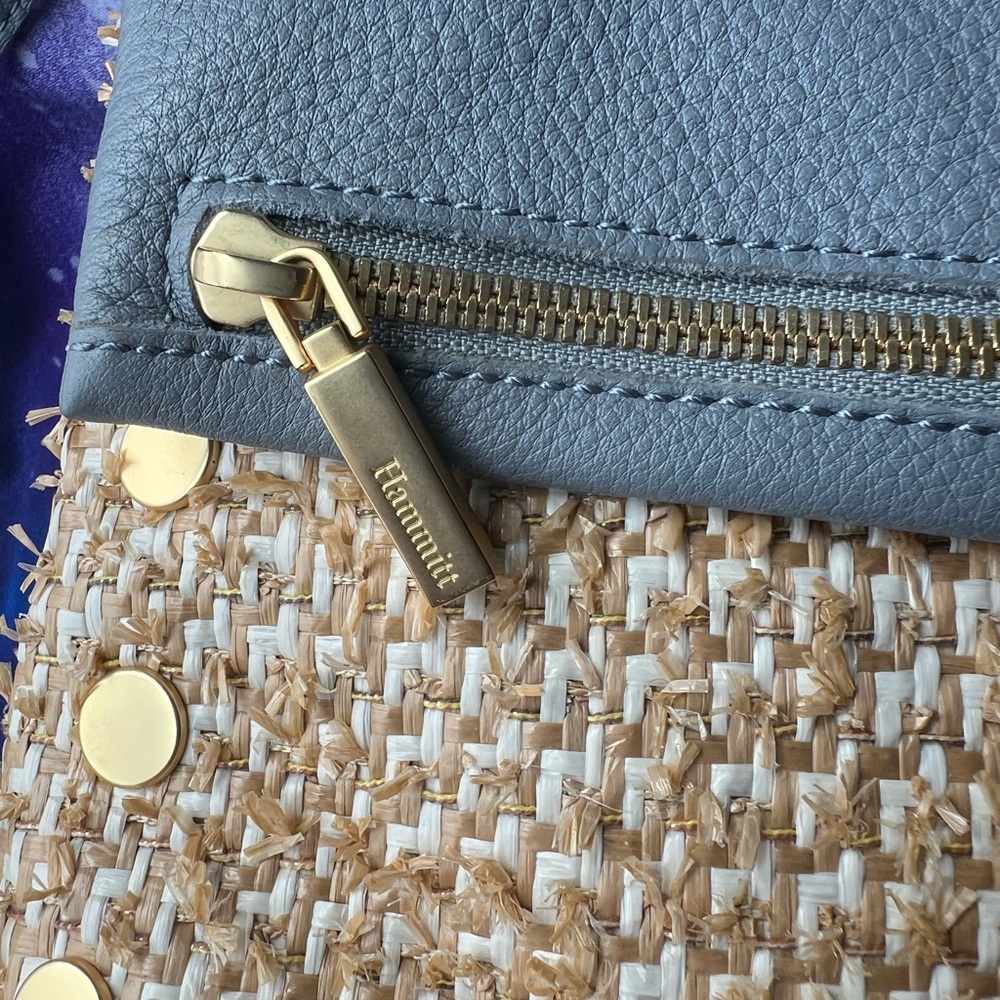 HAMMITT Medium VIP Daybreak BLUE LEATHER RAFFIA CROSSBODY CLUTCH BAG